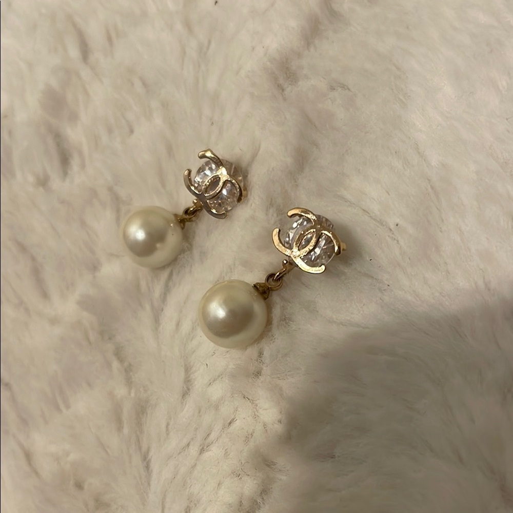 Gold Pearl Drop Earrings with Crystal Accents